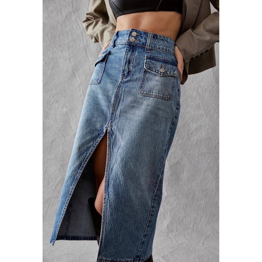 FP We‎ The Free Madison Midi Skirt In Indigo Denim Double Button Size 27 Retro